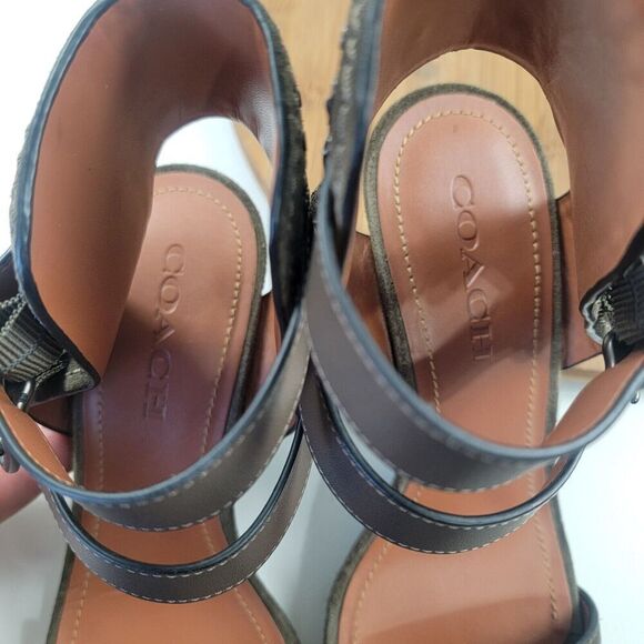Coach Odessa Leather Suede Wedge 8.5 B Olive Green Buckle 2 Strap Heels‎ - Picture 16 of 16